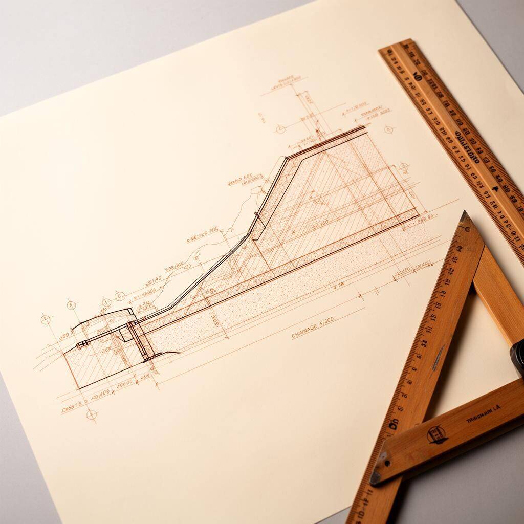 Civil engineering cross section and long section drawing with chainage and levels