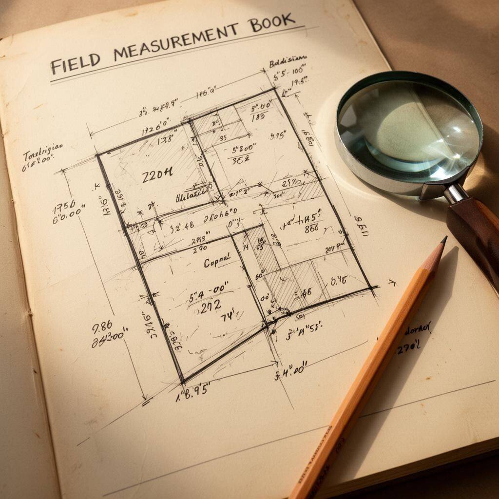Field Measurement Book FMB sketches redrawn as a combined georeferenced CAD plan